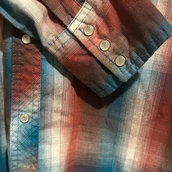 Men’s XXL Wrancher by Wrangler Red White and Blue Plaid Pearl Snap Long Sleeve - Picture 3 of 5